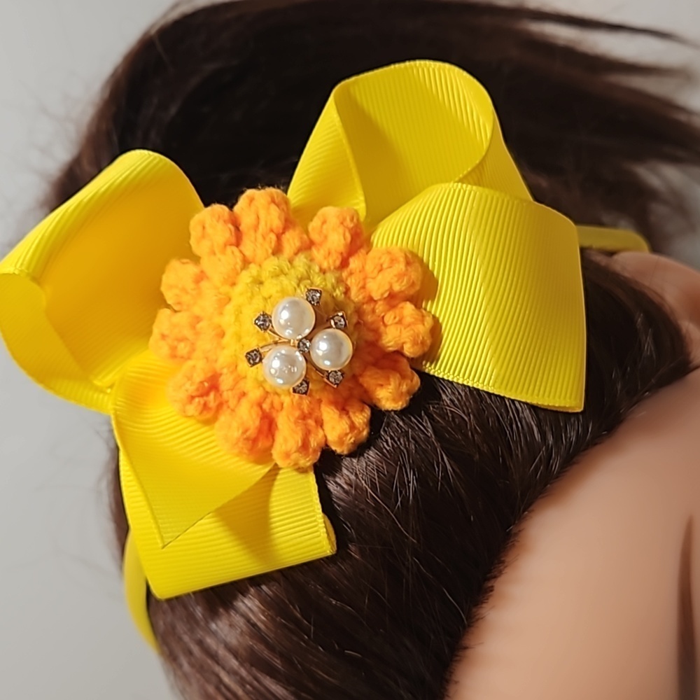Hand Crafted yellow bow hairband hand  crochet flower faux pearls beads floral - Picture 6 of 17